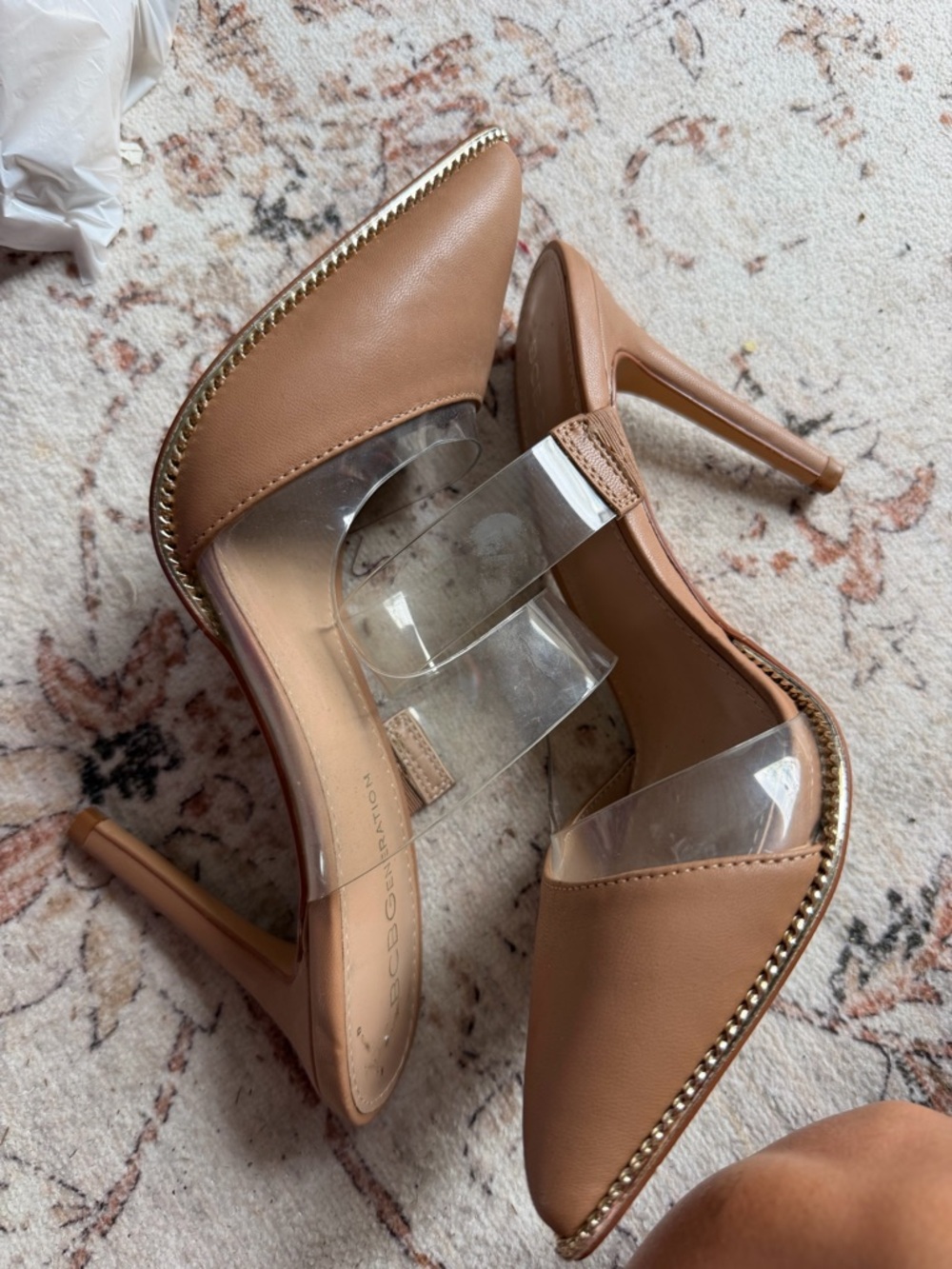 BCBGeneration Tan Pointed Toe Heels with Clear Vinyl Straps - Picture 4 of 5
